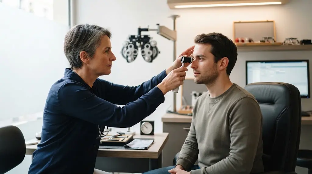 Un opticien mesure l'écart pupillaire d'un client assis au cabinet.