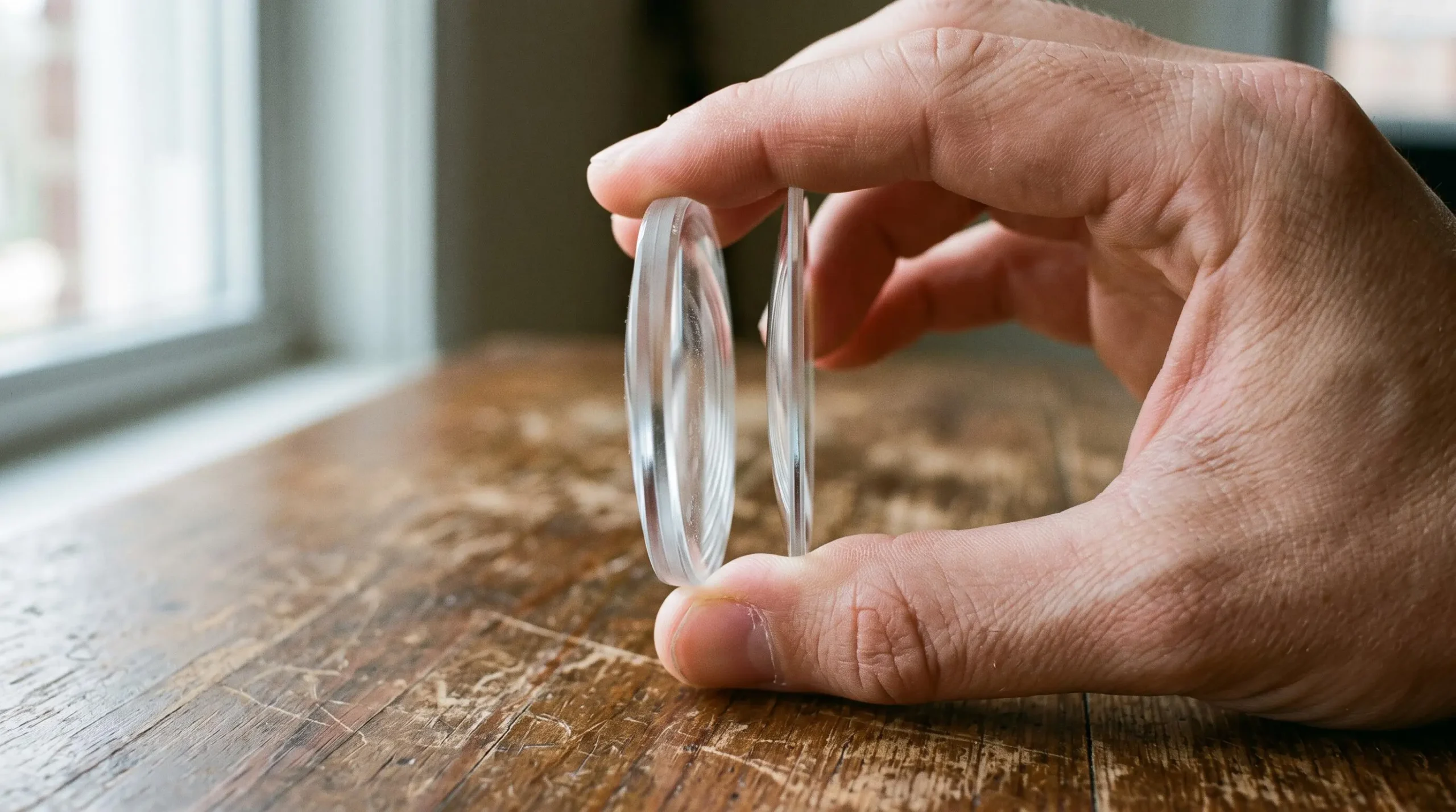 Gros plan sur la tranche d'un verre épais posé à côté d'un verre aminci.